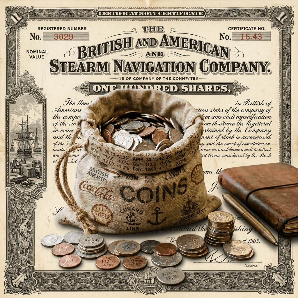 Cloth bag labeled 'COINS' filled with various coins on a wooden table with coin stacks, a pen, and a notebook nearby