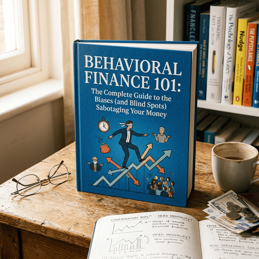 Behavioral Finance 101 book beside notes, coffee, glasses, and cash