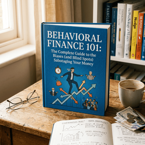 Behavioral Finance 101 book beside notes, coffee, glasses, and cash